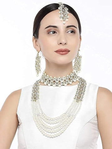 18K Gold Plated Traditional 5 Layers Kundan & Pearl Beaded Moti Raani Haar Necklace Jewellery Set For Women (ML164CO)