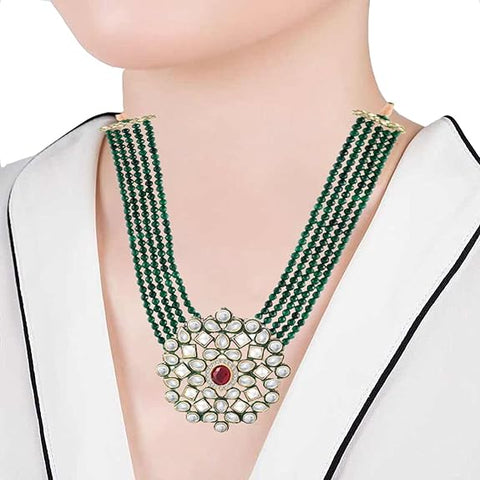 5 Layered Onyx Crystal Beads Alloy Necklace Jewellery Set Glided With Uncut Polki Kundan