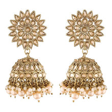 18K Gold Plated Traditional Handcrafted Jhumki Earrings Encased with Faux Kundan & Pearl for Women/Girls (E2881FL)