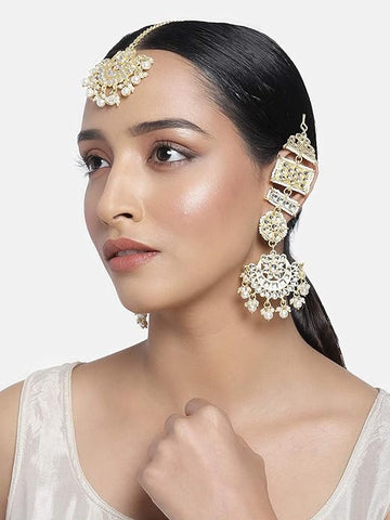 Gold Plated with Stunning Matte Finish Long Traditional Kundan & Faux Pearl Chandbali Earrings with Maang Tikka Set for Women/Girls (TE2861W)