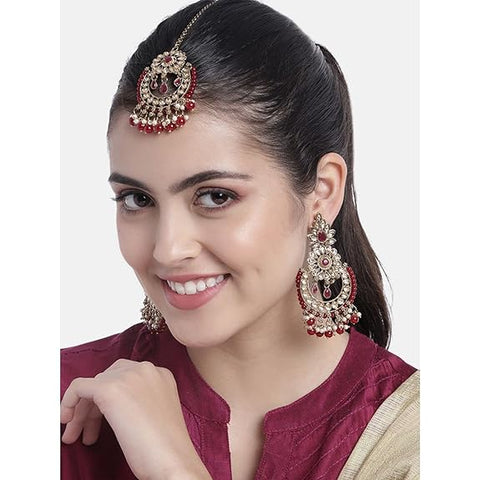 Gold Plated Traditional Kundan Pearl Drop Earrings With Maang Tikka Set For Women/Girls