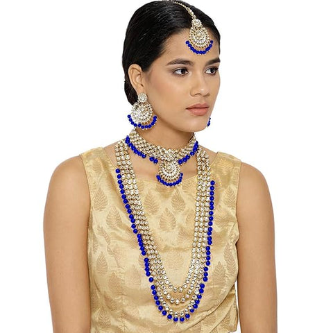 Traditional 18K Gold Plated Kundan & Pearl Studded Bridal Choker Necklace Jewellery Set With Earrings & Maang Tikka for Women(IJ325-1)