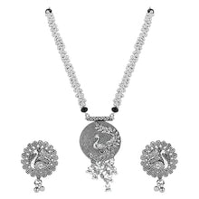 Ethnic Silver Oxidised Peacock Design Long Necklace With Earring Jewellery Set For Women/Girls (MC162OX)