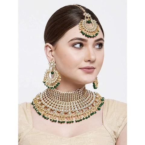 18K Gold Plated Traditional Kundan & Pearl Studded Bridal Choker Necklace Jewellery Set for Women