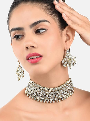 Gold Plated Traditional Stone Studded Meenakari Choker Necklace Jewellery With Earrings & Maang Tikka Set For Women/Girls (K7245Q)