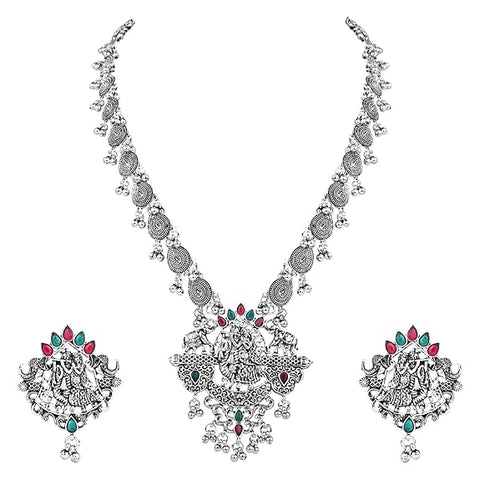 Ethnic Stylish Silver Oxidised Radha Krishna Design Long Necklace Jewellery Set for Women And Girls (MC164OX)